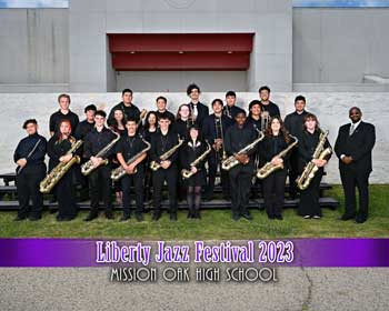 Jazz band with their instruments in hand next to their teacher. With words Liberty Jazz Festival 2023 Mission Oak High School